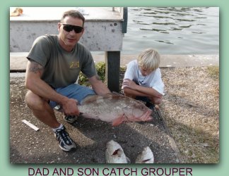 Father and son catch grouper on St Petersburg fishing charters with fat cat.